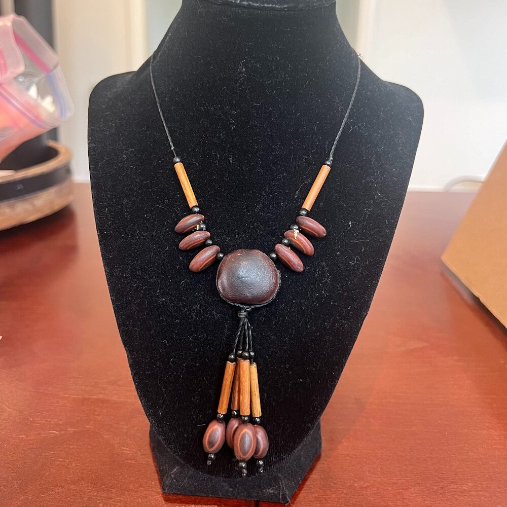 Women's Brown Thick Chunky Wooden Beaded Necklace and Earrings Jewelry Set